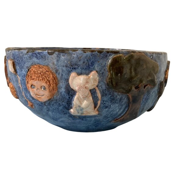 Whimsical Naive Blue Pottery Bowl Faces Mouse Rabbit Tree Balloons Sun And Moon - Picture 1 of 10